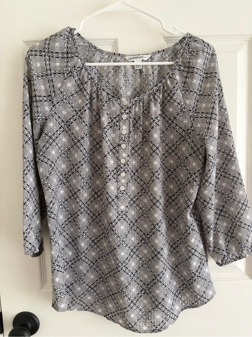 croft & barrow Gray Plaid Button Henley Blouse